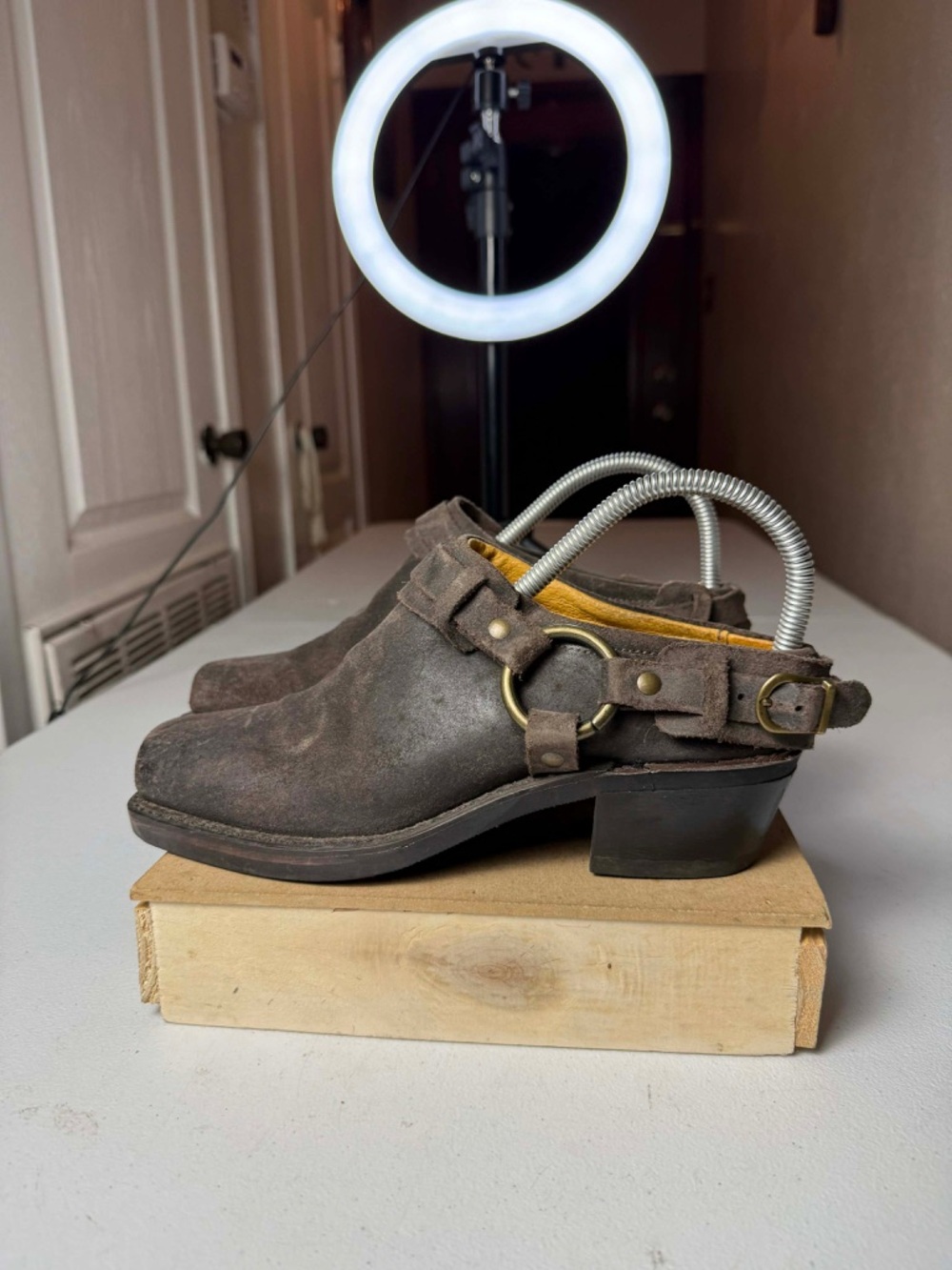 FRYE Belted Harness Mules
Clogs Biker Riding Brown Leather Size 7.5 USA Made - Picture 3 of 14